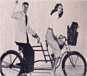 Ronald Reagan and Dorothy Lamour ride a Colson-manufactured bicycle in the 1930s